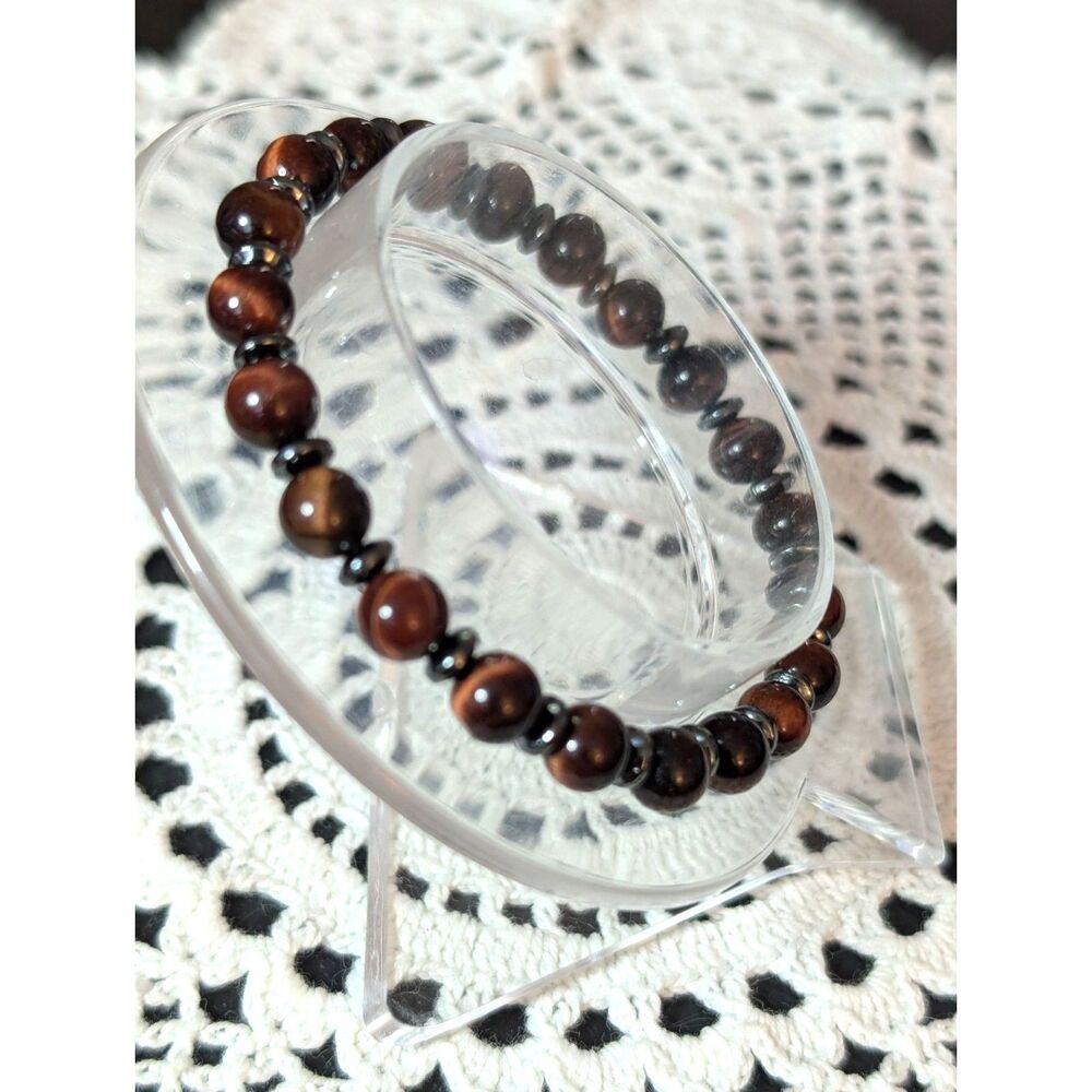 Red Tiger's Eye & Metallic Hematite Crystal Bracelet • Made in Alaska
